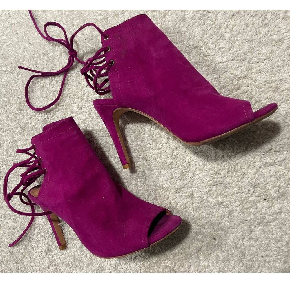 Joie Lexington Bootie Heels Peep Toe Suede Womens Size 37 Fuchsia Purple Lace Up
